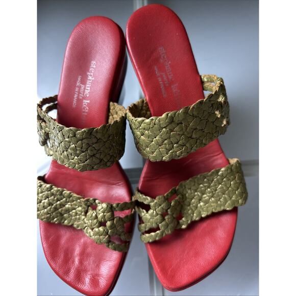 stephane kelian Paris WOVEN Leather Platform Sandals GOLD RED BLACK 6 1/2 7 euc - Picture 1 of 16